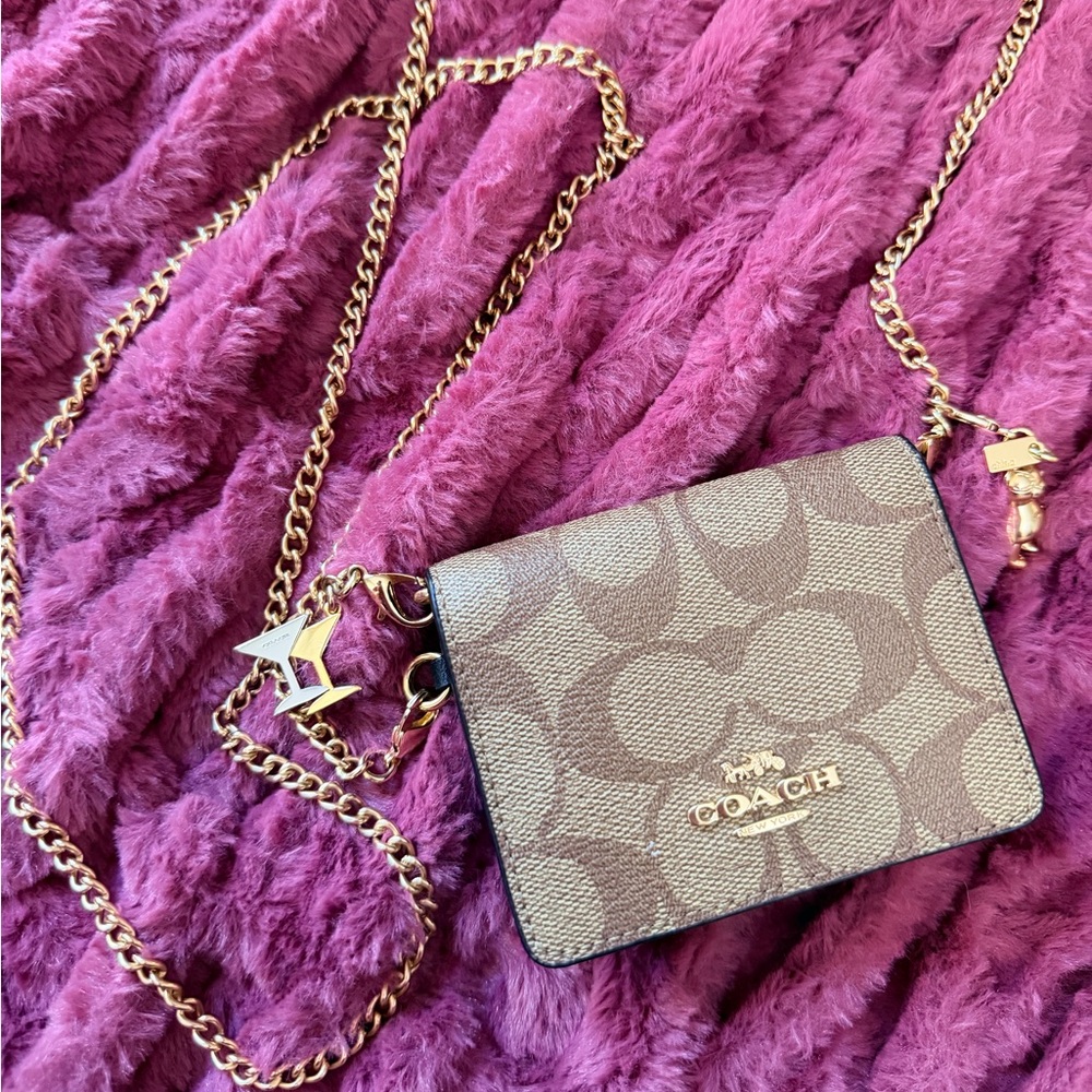 Coach Tan/Beige Signature Small Crossbody Wallet with Gold Logo